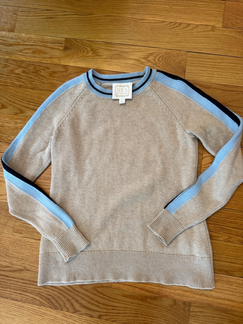 Sail to Sable Beige Sweater Light Blue & Navy Trim xtra small XS merino cotton